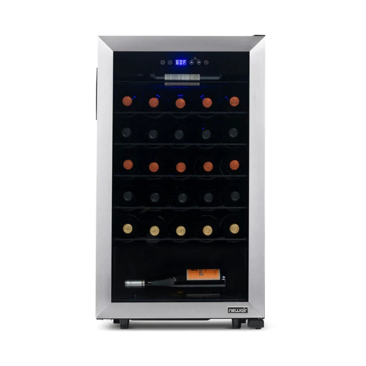 Newair 33 Bottle Freestanding Wine Fridge – 18.9" Stainless Steel - Front View - Loaded Shelves - Closed Door