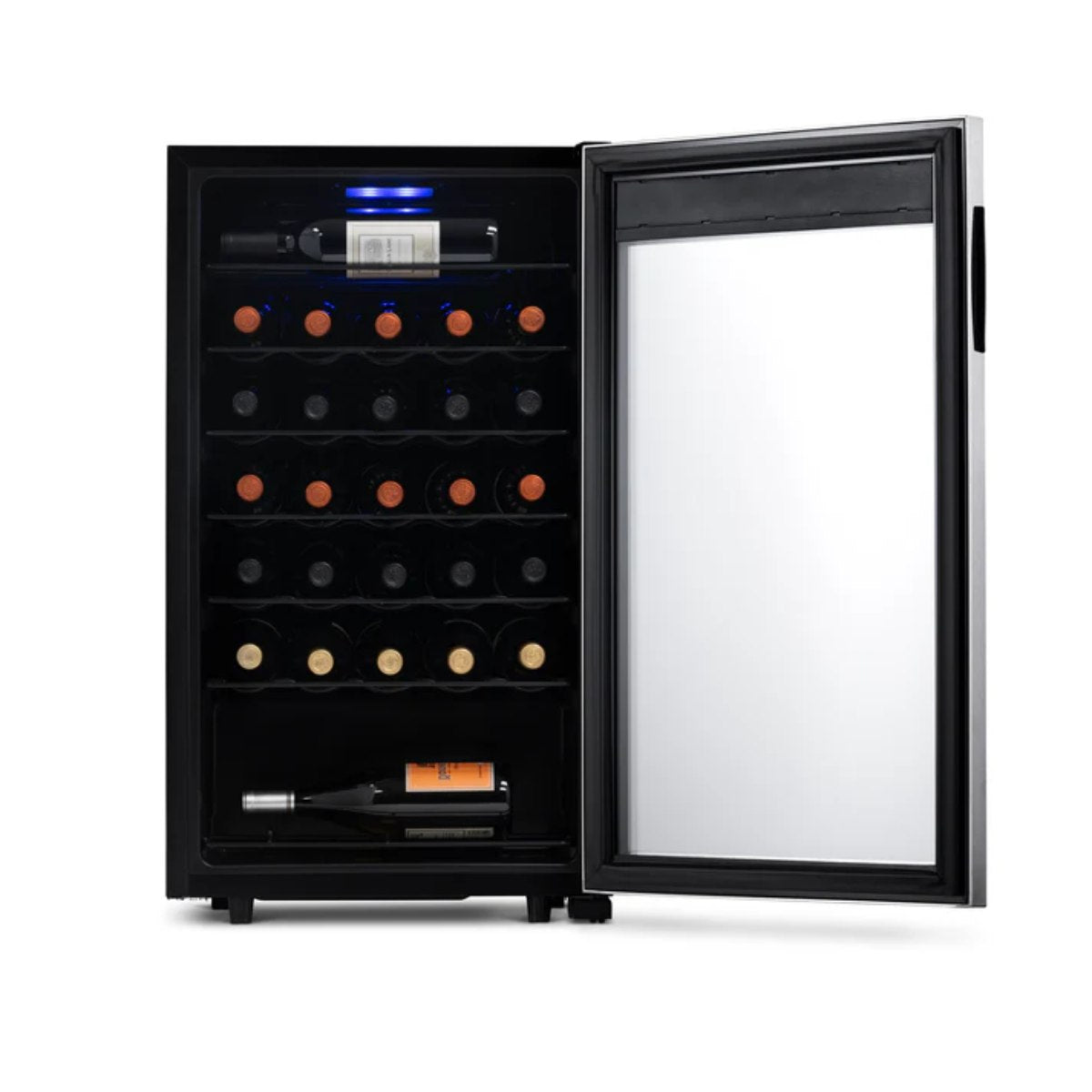 Newair 33 Bottle Freestanding Wine Fridge – 18.9" Stainless Steel - Front View - Loaded Shelves - Open Door