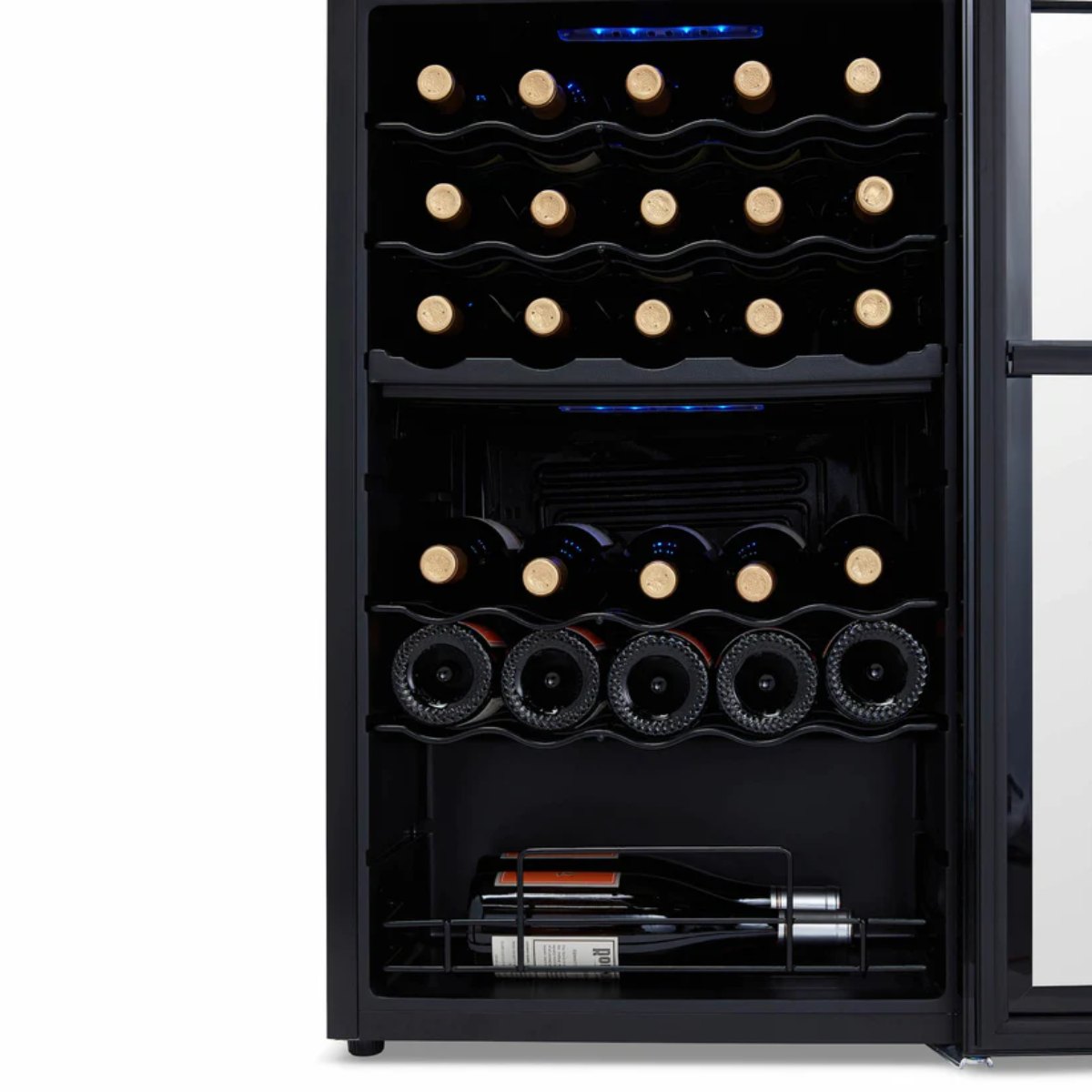 Newair 33 Bottle Shadow Series Dual Zone Wine Fridge – 19.5" Black - Close up View - Loaded - Opened