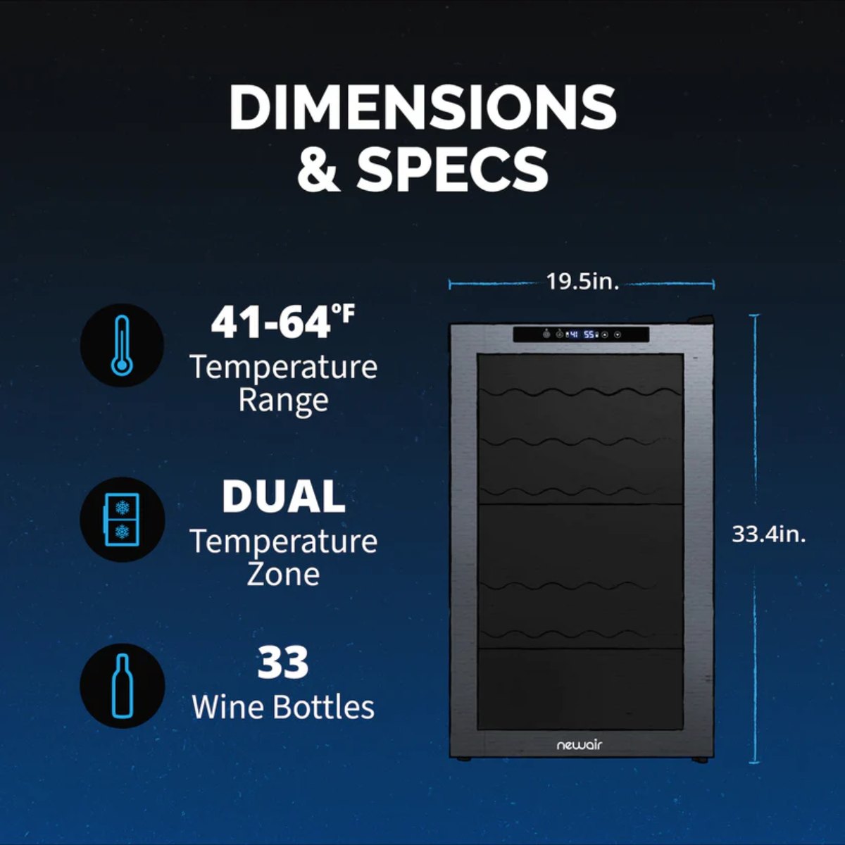 Newair 33 Bottle Shadow Series Dual Zone Wine Fridge – 19.5" Black - Dimensions and Specifications