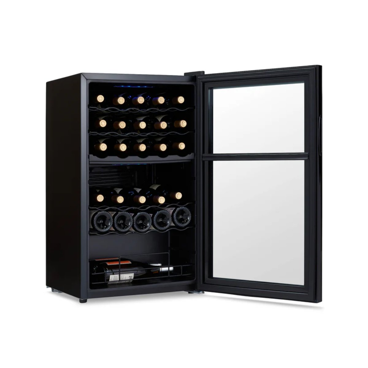 Newair 33 Bottle Shadow Series Dual Zone Wine Fridge – 19.5" Black - Front Left View Studio Image - Loaded - Opened