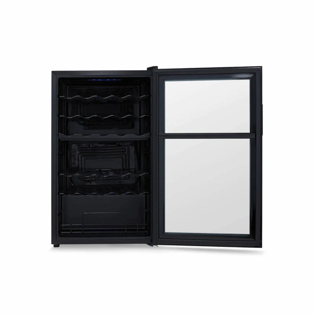 Newair 33 Bottle Shadow Series Dual Zone Wine Fridge – 19.5" Black - Front View Studio Image - Empty - Opened