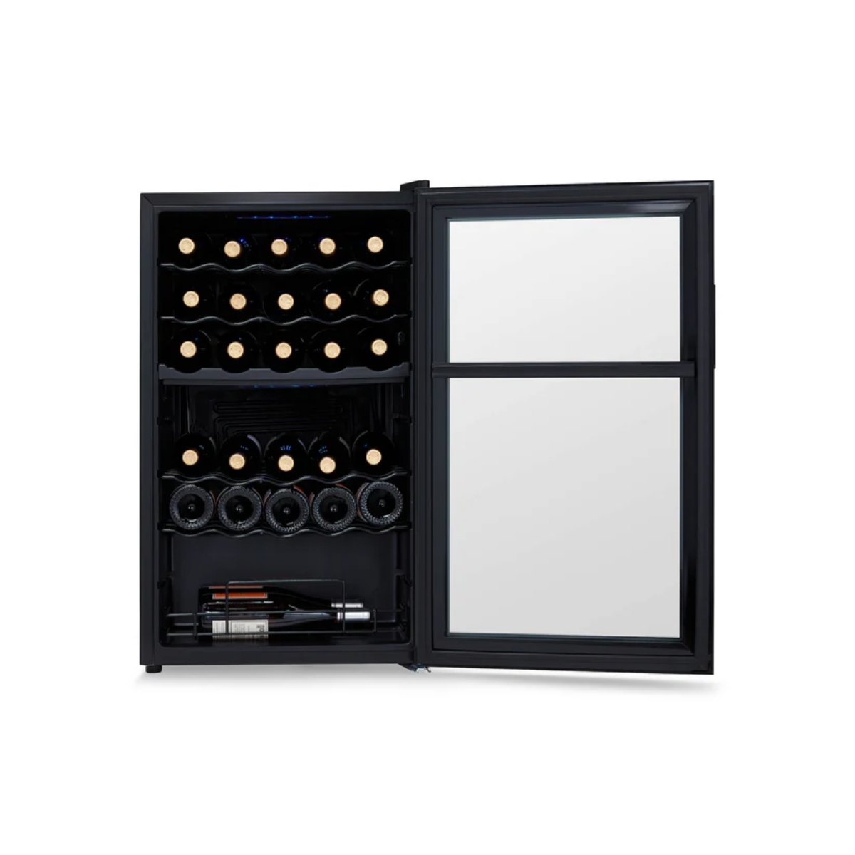 Newair 33 Bottle Shadow Series Dual Zone Wine Fridge – 19.5" Black - Front View Studio Image - Loaded - Opened