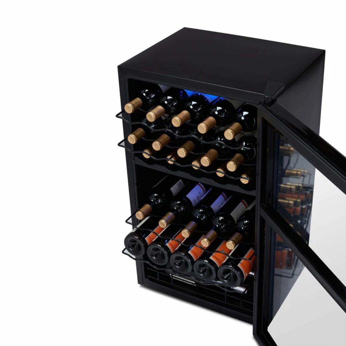 Newair 33 Bottle Shadow Series Dual Zone Wine Fridge – 19.5" Black - Top View of the Fridge with wines