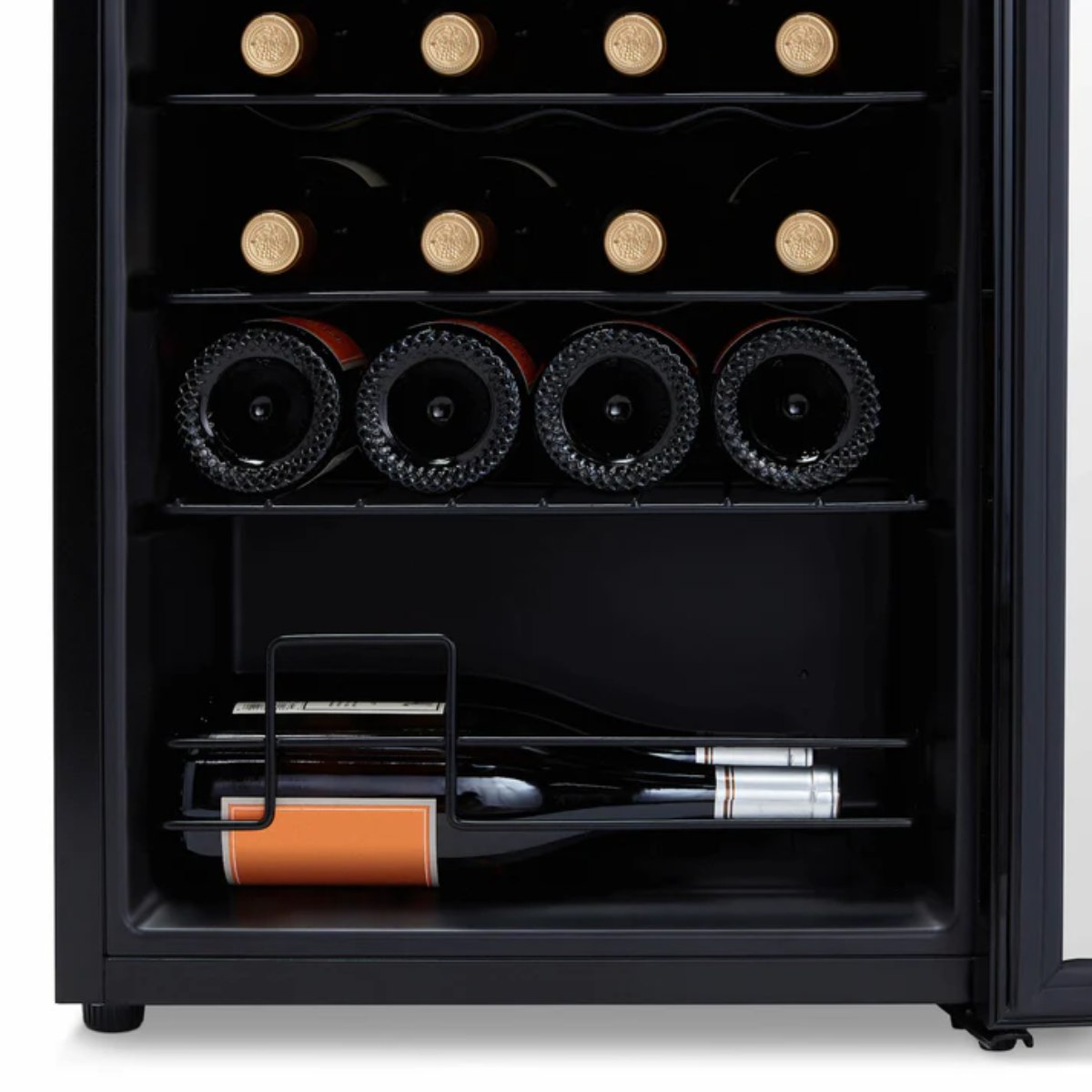 Newair 34 Bottle Shadow Series Wine Fridge – 18.7" Black - Bottom View Studio Image - Loaded - Opened