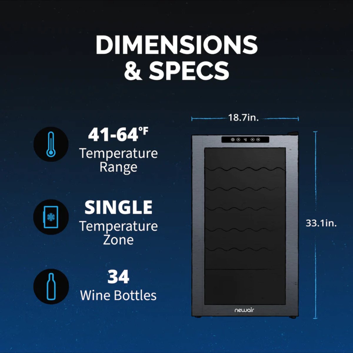 Newair 34 Bottle Shadow Series Wine Fridge – 18.7" Black - Dimensions and Specifications