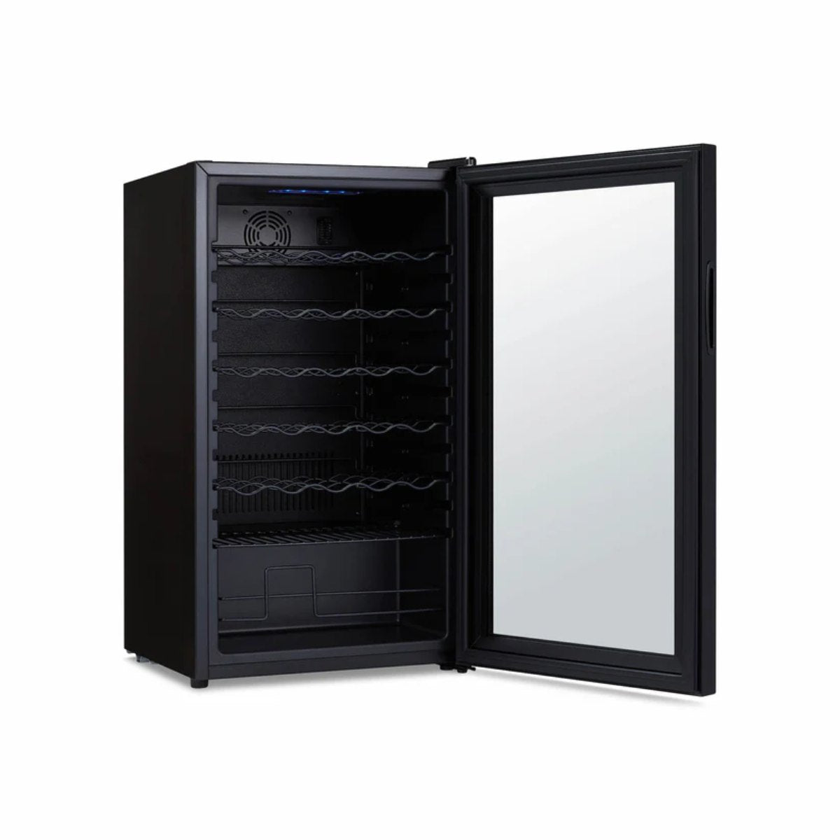Newair 34 Bottle Shadow Series Wine Fridge – 18.7" Black - Front Left View Studio Image - Empty - Opened