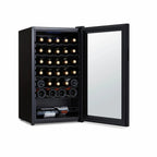 Newair 34 Bottle Shadow Series Wine Fridge – 18.7" Black - Front Left View Studio Image - Loaded - Opened