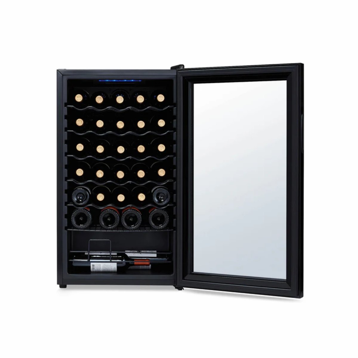 Newair 34 Bottle Shadow Series Wine Fridge – 18.7" Black - Front View Studio Image - Loaded - Opened