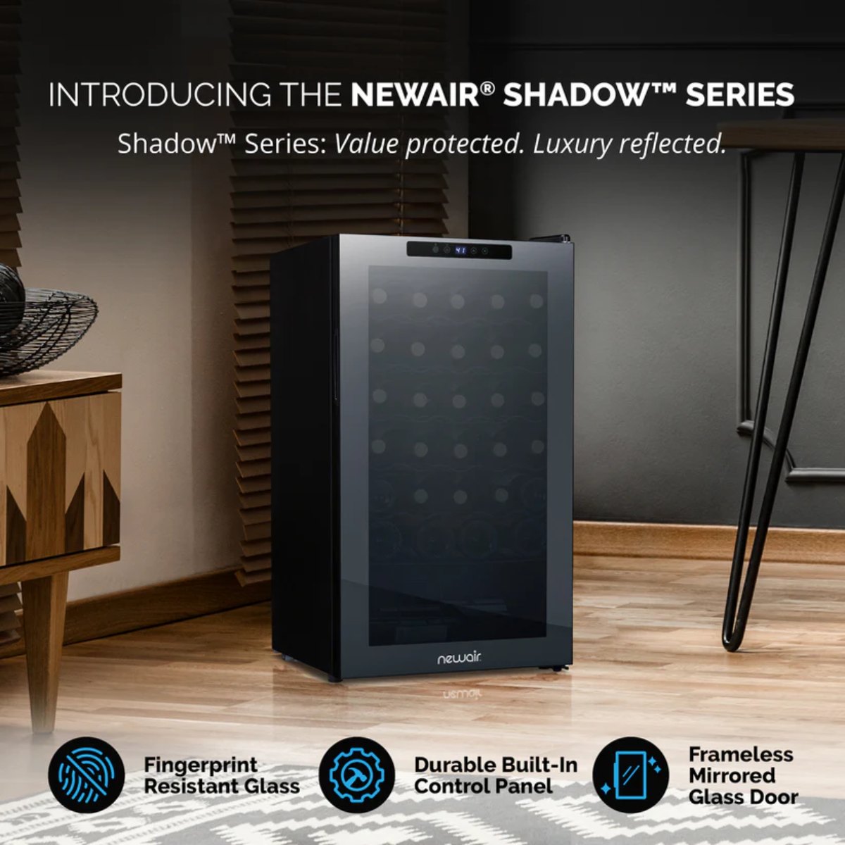 Newair 34 Bottle Shadow Series Wine Fridge – 18.7" Black - Shadow Series - Value Protected - Luxury Reflected