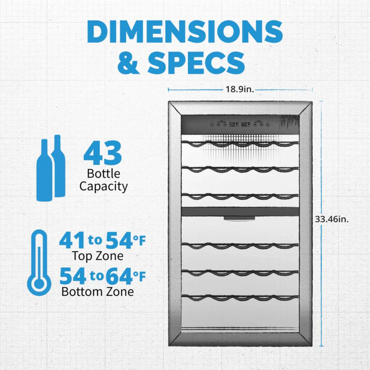 Newair 43 Bottle Dual Zone Wine Fridge – 18.9" Stainless Steel - Dimensions and Specifications Shown