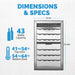 Newair 43 Bottle Dual Zone Wine Fridge – 18.9" Stainless Steel - Dimensions and Specifications Shown