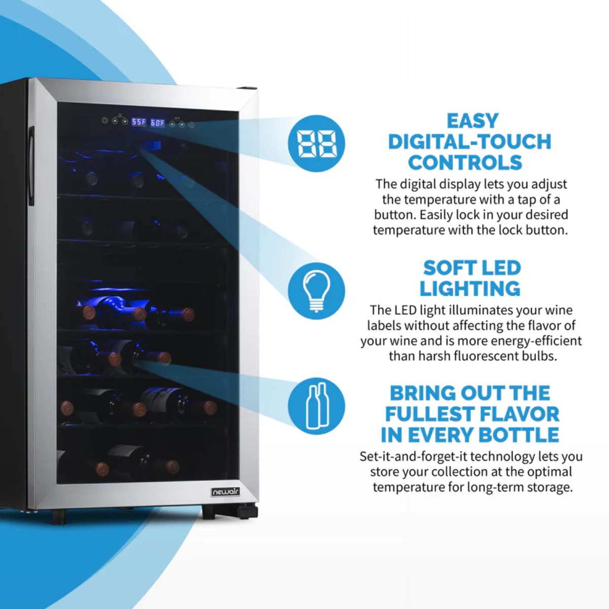 Newair 43 Bottle Dual Zone Wine Fridge – 18.9" Stainless Steel - Features of the Fridge Shown