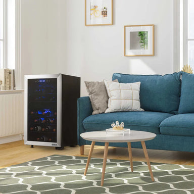 Newair 43 Bottle Dual Zone Wine Fridge – 18.9" Stainless Steel - Freestanding Fridge beside the couch