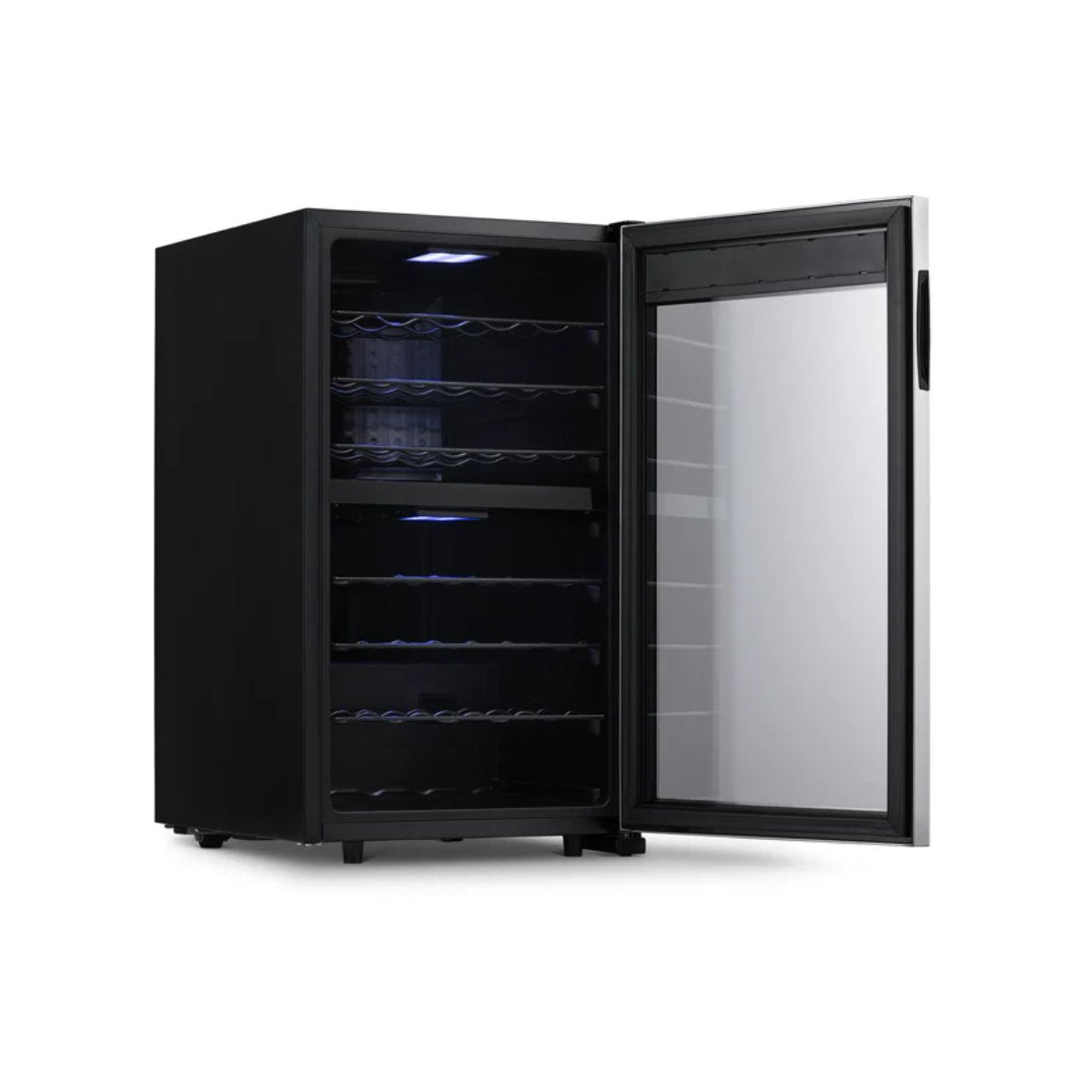 Newair 43 Bottle Dual Zone Wine Fridge – 18.9" Stainless Steel - Front Left View - Empty - Open Door