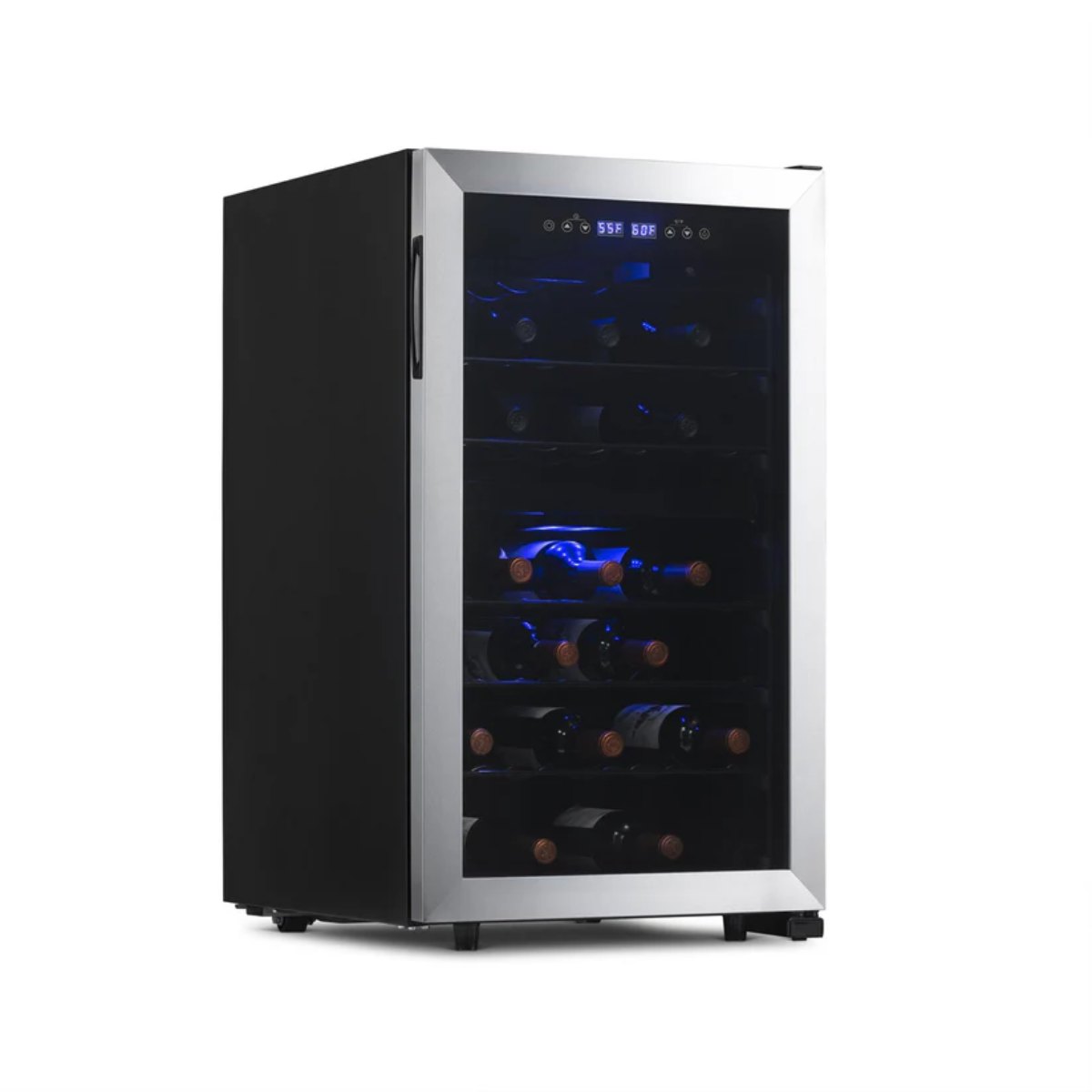 Newair 43 Bottle Dual Zone Wine Fridge – 18.9" Stainless Steel - Front Left View - Loaded - Close