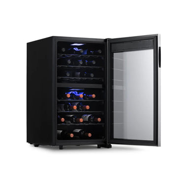 Newair 43 Bottle Dual Zone Wine Fridge – 18.9" Stainless Steel - Front Left View - Loaded - Open