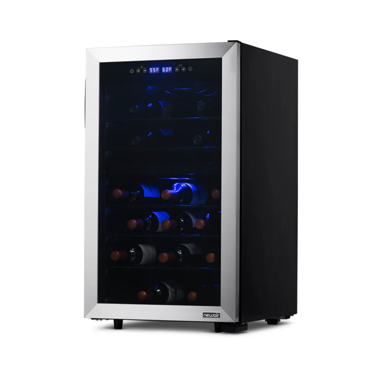 Newair 43 Bottle Dual Zone Wine Fridge – 18.9" Stainless Steel - Front Right View - Loaded - Close