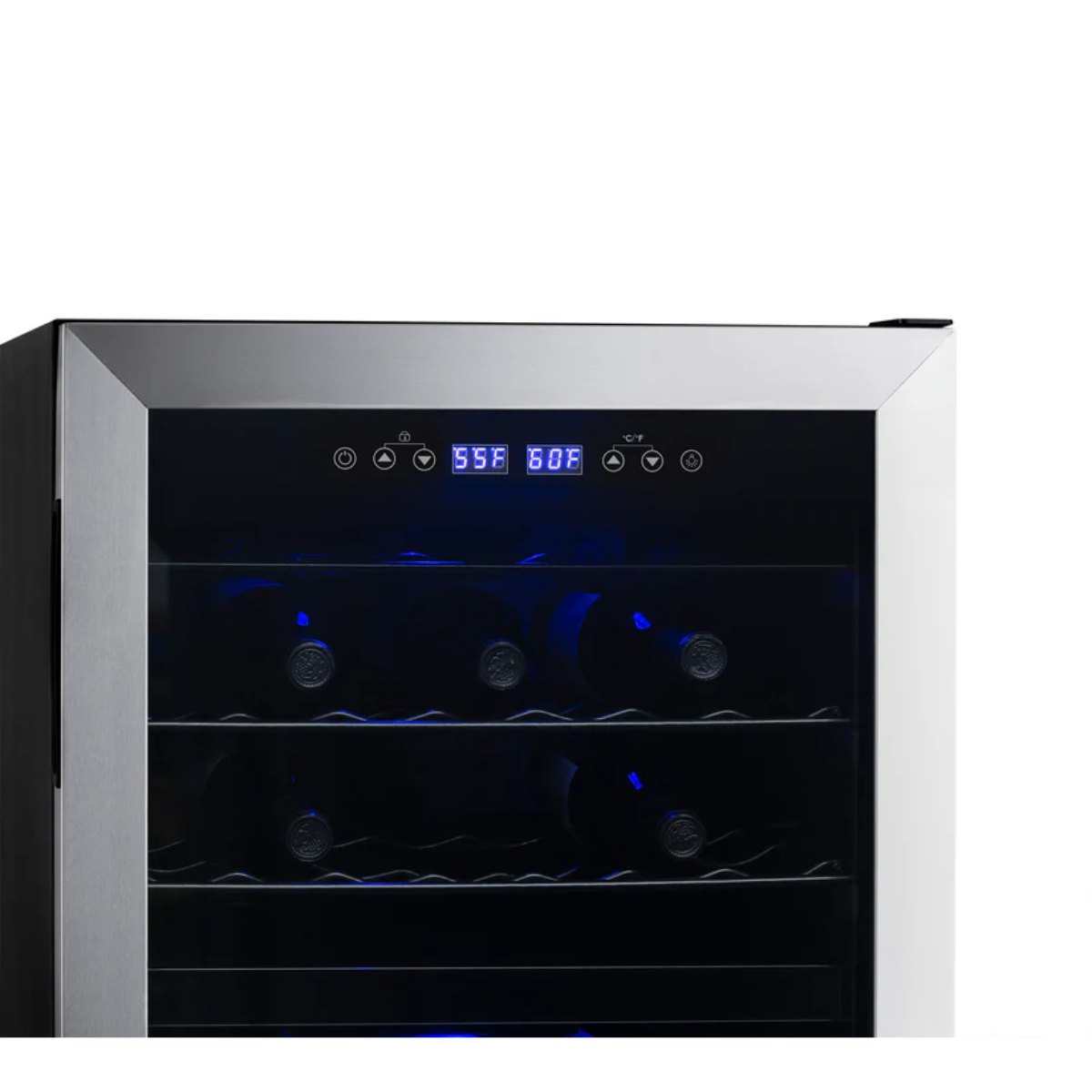 Newair 43 Bottle Dual Zone Wine Fridge – 18.9" Stainless Steel - Front View - Close up view of the controls