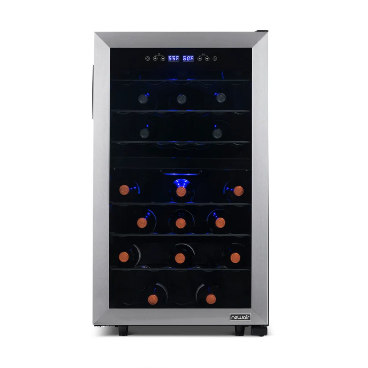 Newair 43 Bottle Dual Zone Wine Fridge – 18.9" Stainless Steel - Front View - Loaded - Close