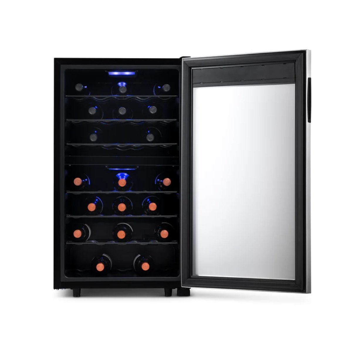 Newair 43 Bottle Dual Zone Wine Fridge – 18.9" Stainless Steel - Front View - Loaded - Open Door