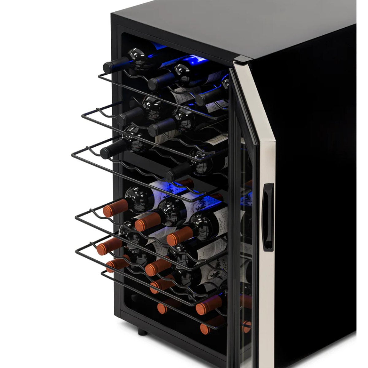 Newair 43 Bottle Dual Zone Wine Fridge – 18.9" Stainless Steel - Top View showing racks and wines