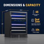 Newair 46 Bottle Dual Zone Wine Cooler – 23.5" Black Stainless Steel - Dimensions and Capacity Shown