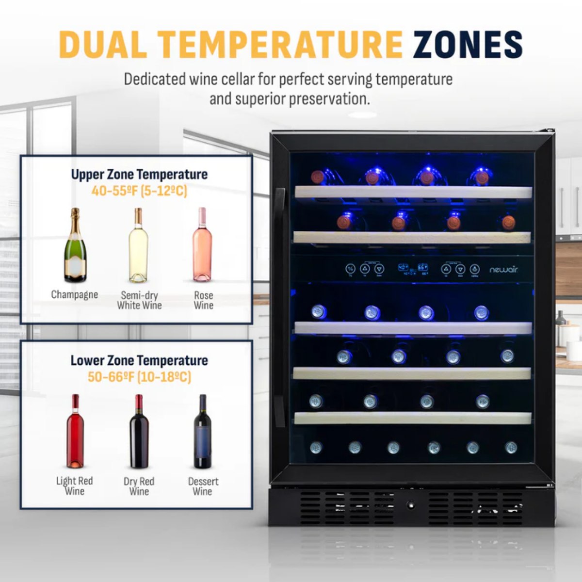 Newair 46 Bottle Dual Zone Wine Cooler – 23.5" Black Stainless Steel - Dual Temperature Zones Upper Zone and Lower Zone