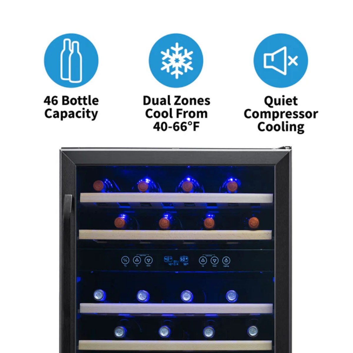 Newair 46 Bottle Dual Zone Wine Cooler – 23.5" Black Stainless Steel - Features of the Fridge Shown