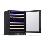 Newair 46 Bottle Dual Zone Wine Cooler – 23.5" Black Stainless Steel - Front Left View - Empty Fridge - Open Door