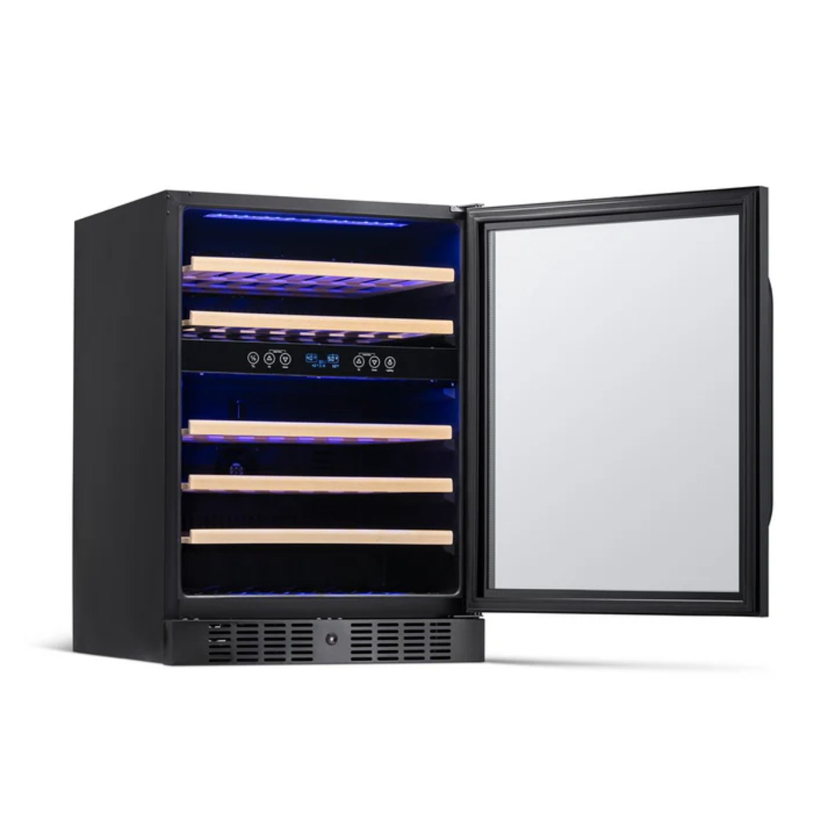 Newair 46 Bottle Dual Zone Wine Cooler – 23.5" Black Stainless Steel - Front Left View - Empty Fridge - Open Door