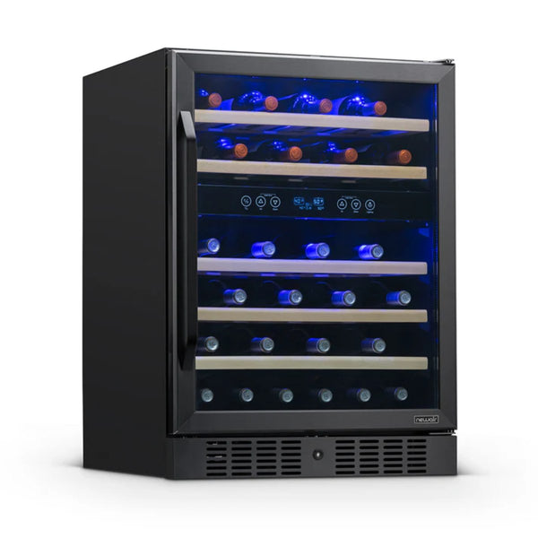 Newair 46 Bottle Dual Zone Wine Cooler – 23.5" Black Stainless Steel - Front Left View - Loaded Fridge - Closed Door