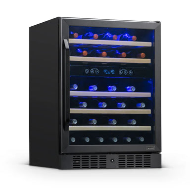 Newair 46 Bottle Dual Zone Wine Cooler – 23.5" Black Stainless Steel - Front Left View - Loaded Fridge - Closed Door