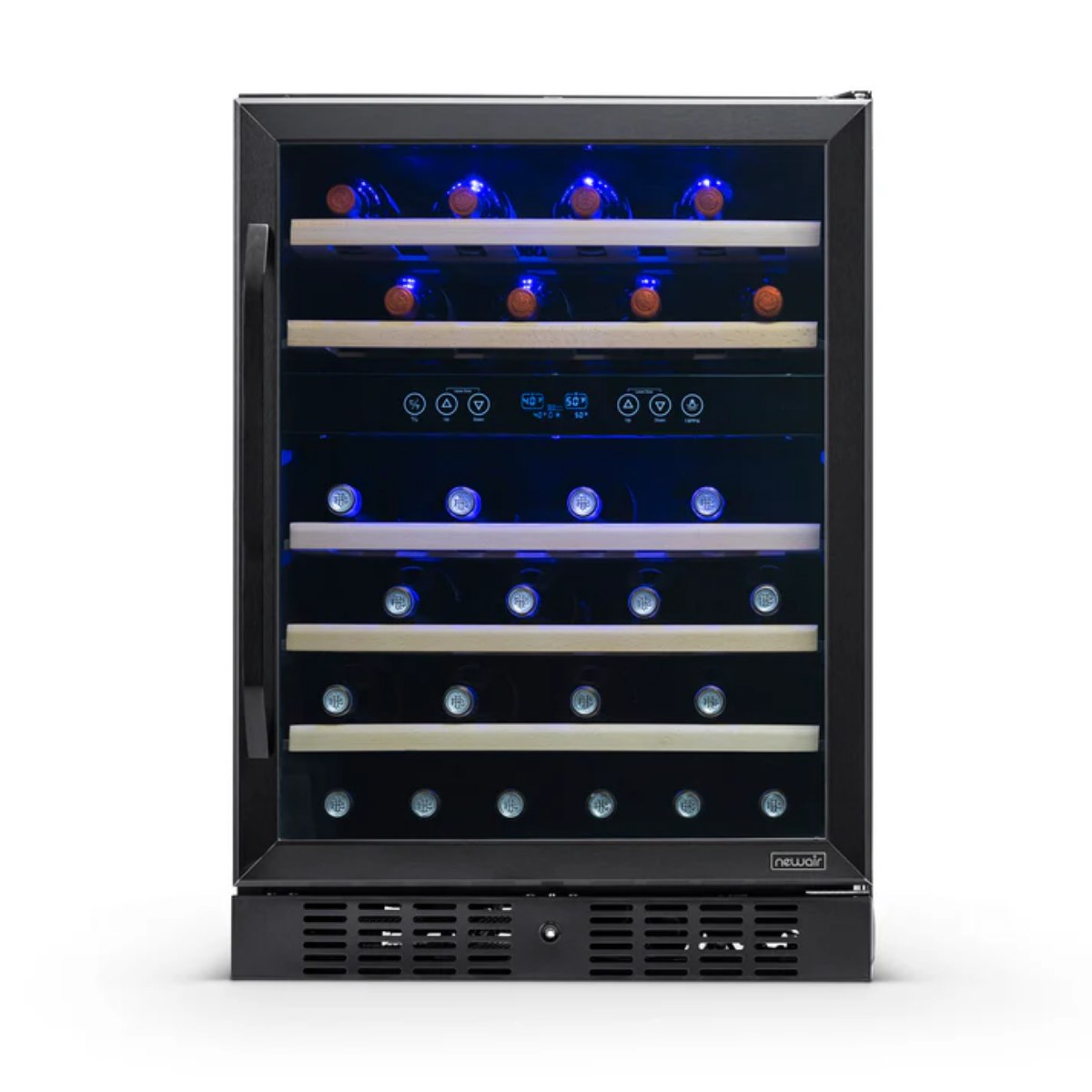 Newair 46 Bottle Dual Zone Wine Cooler – 23.5" Black Stainless Steel - Front View - Loaded Fridge - Closed Door