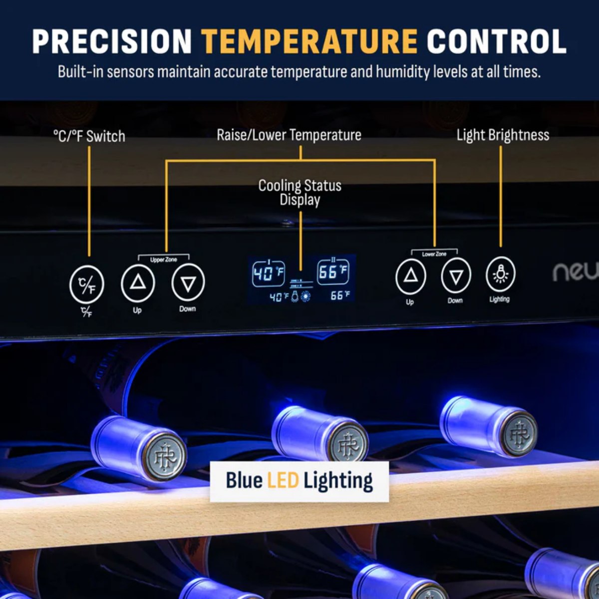 Newair 46 Bottle Dual Zone Wine Cooler – 23.5" Black Stainless Steel - Precision Temperature Control