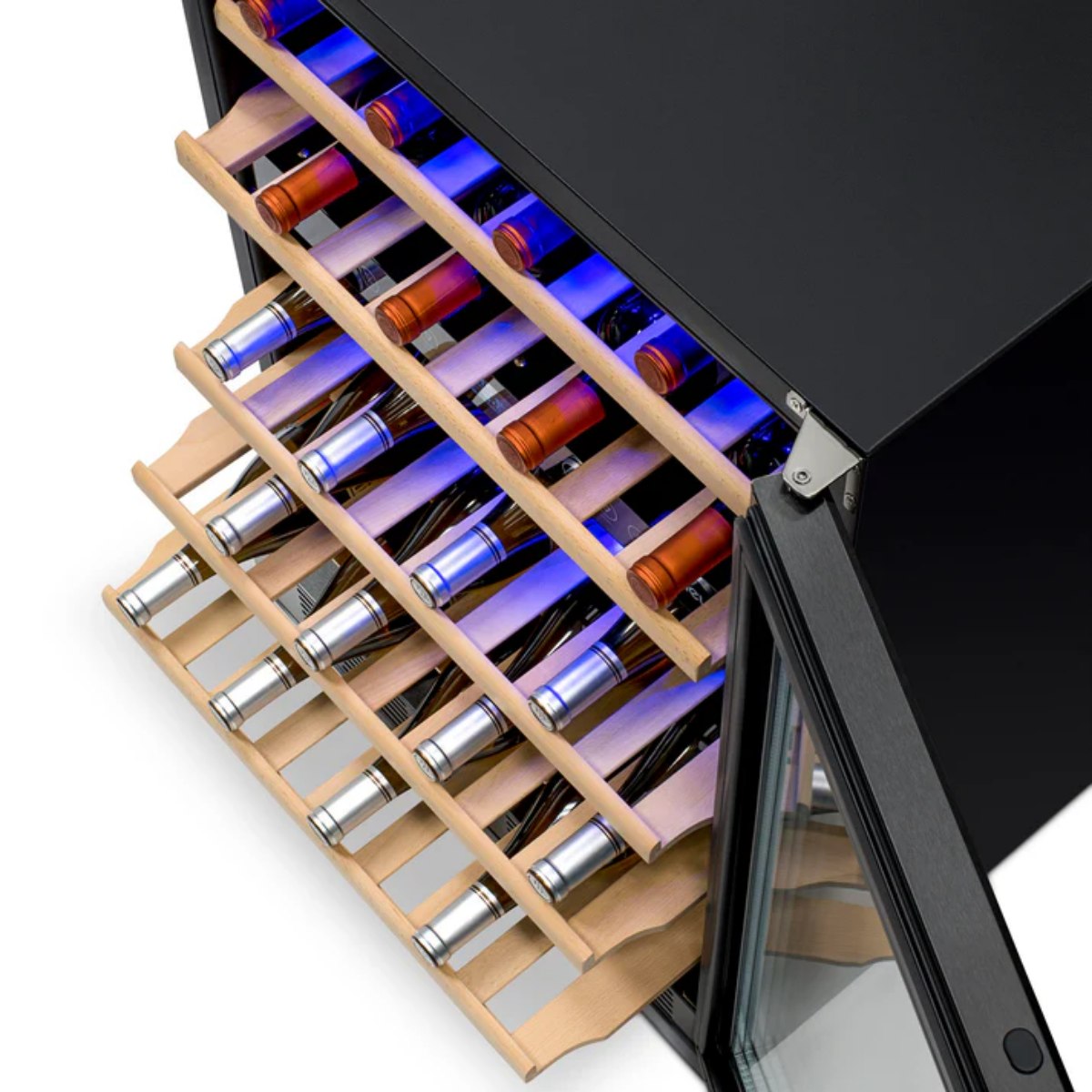 Newair 46 Bottle Dual Zone Wine Cooler – 23.5" Black Stainless Steel - Top View of the fridge with Wines Shown