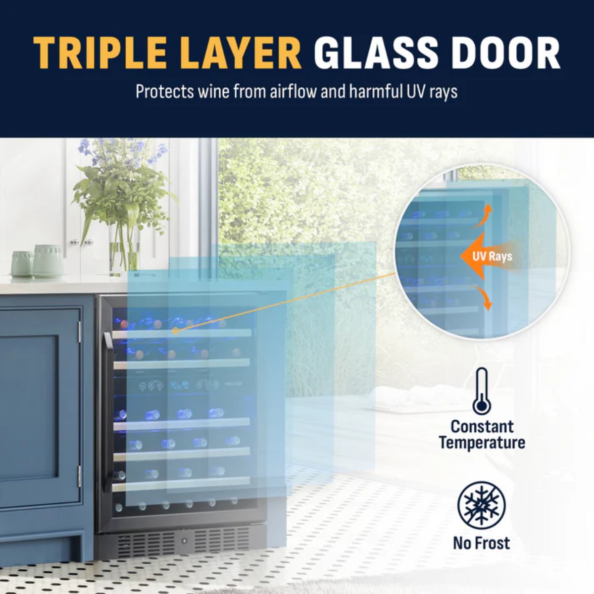 Newair 46 Bottle Dual Zone Wine Cooler – 23.5" Black Stainless Steel - Triple Layer Glass Door - Protects from UV Rays