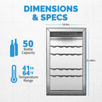 Newair 50 Bottle Freestanding Wine Fridge – 18.9" Stainless Steel - Dimensions and Capacity Shown