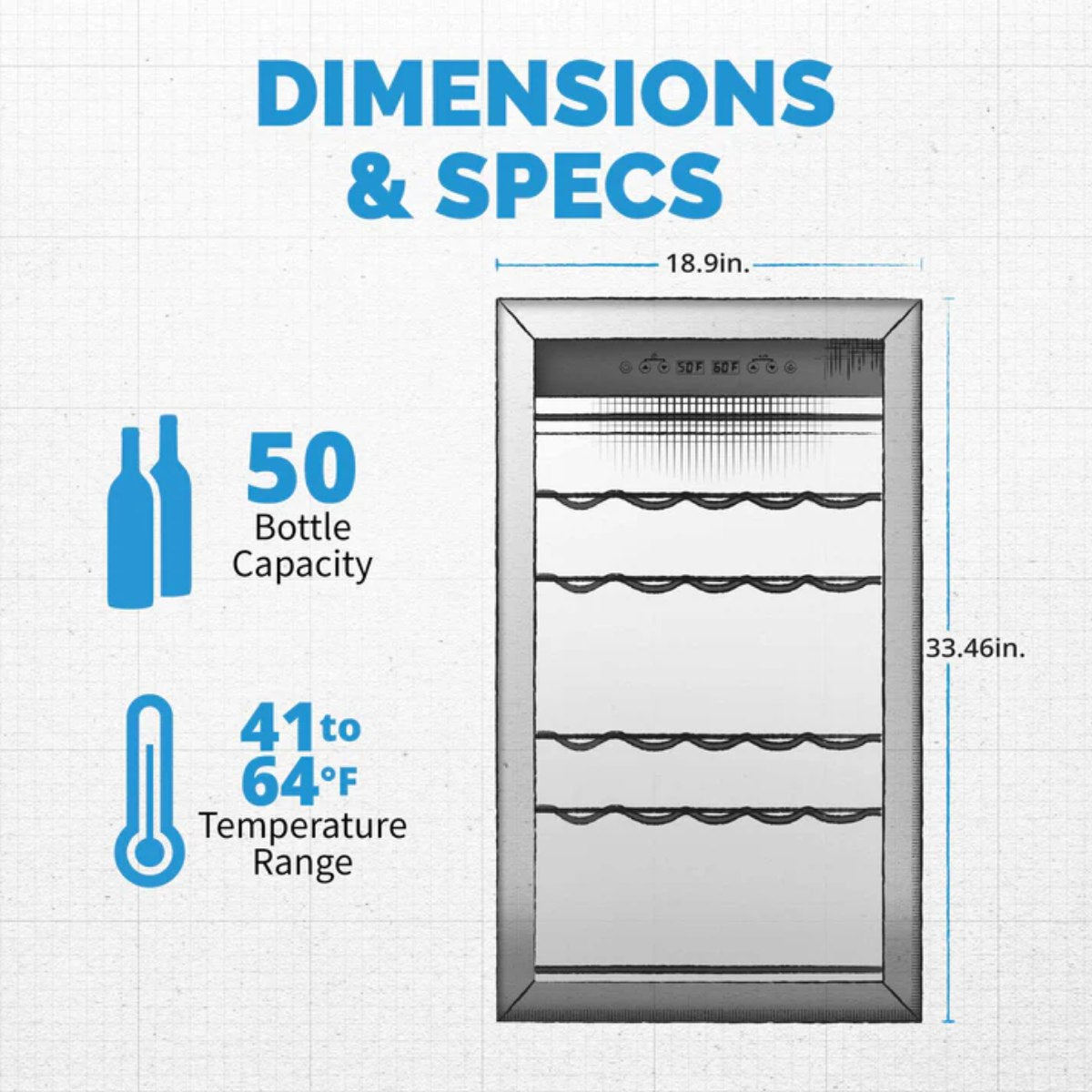 Newair 50 Bottle Freestanding Wine Fridge – 18.9" Stainless Steel - Dimensions and Capacity Shown