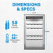 Newair 50 Bottle Freestanding Wine Fridge – 18.9" Stainless Steel - Dimensions and Capacity Shown