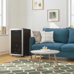 Newair 50 Bottle Freestanding Wine Fridge – 18.9" Stainless Steel - Fridge shown in the living room beside the couch