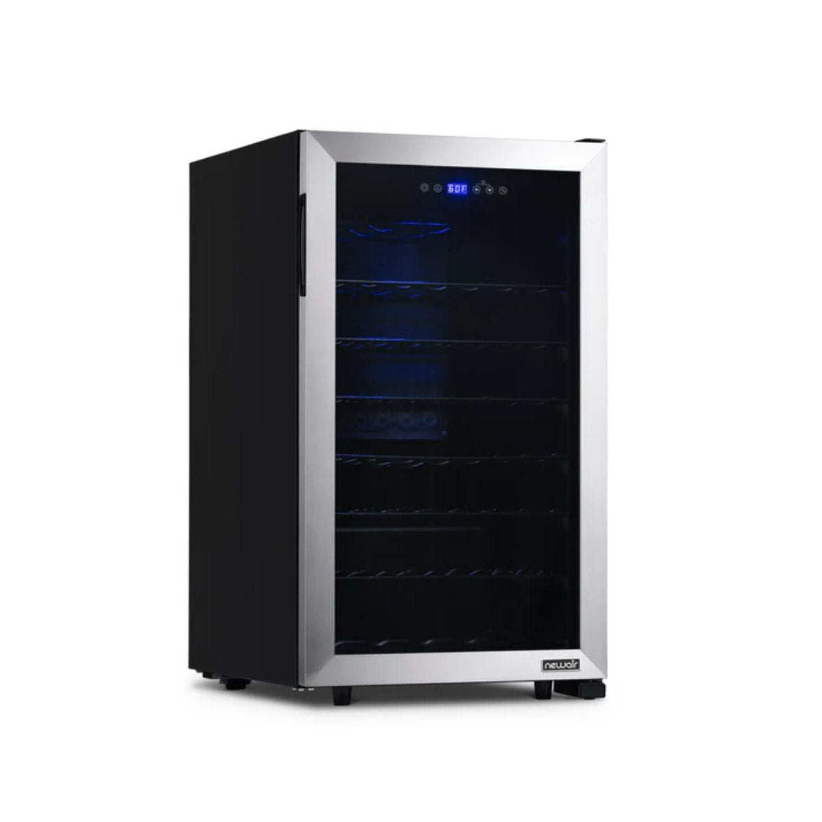 Newair 50 Bottle Freestanding Wine Fridge – 18.9" Stainless Steel - Front Left View - Empty Shelves - Closed Door