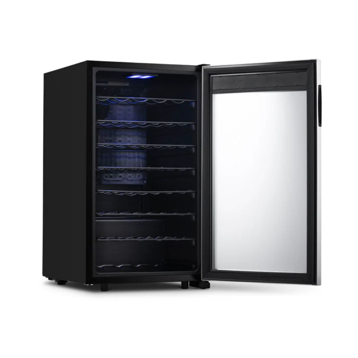 Newair 50 Bottle Freestanding Wine Fridge – 18.9" Stainless Steel - Front Left View - Empty Shelves - Open Door