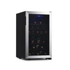 Newair 50 Bottle Freestanding Wine Fridge – 18.9" Stainless Steel - Front Left View - Loaded Shelves - Closed Door
