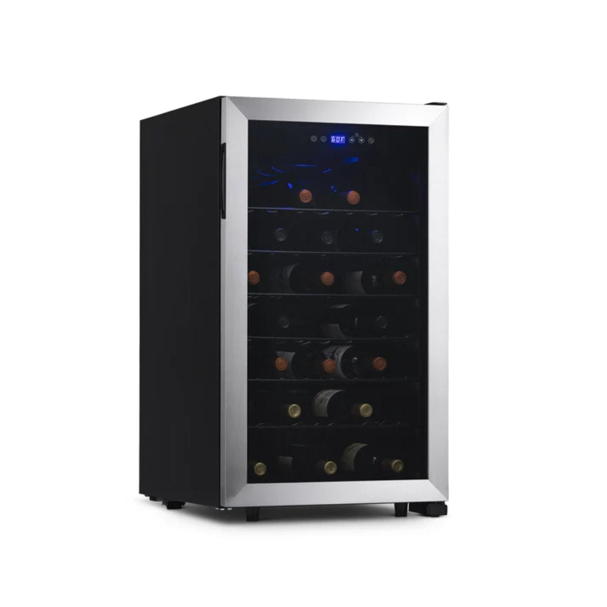 Newair 50 Bottle Freestanding Wine Fridge – 18.9" Stainless Steel - Front Left View - Loaded Shelves - Closed Door