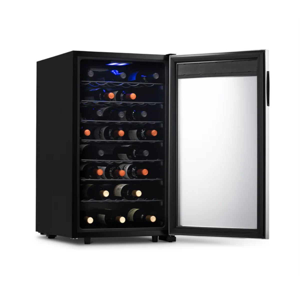 Newair 50 Bottle Freestanding Wine Fridge – 18.9" Stainless Steel - Front Left View - Loaded Shelves - Open Door