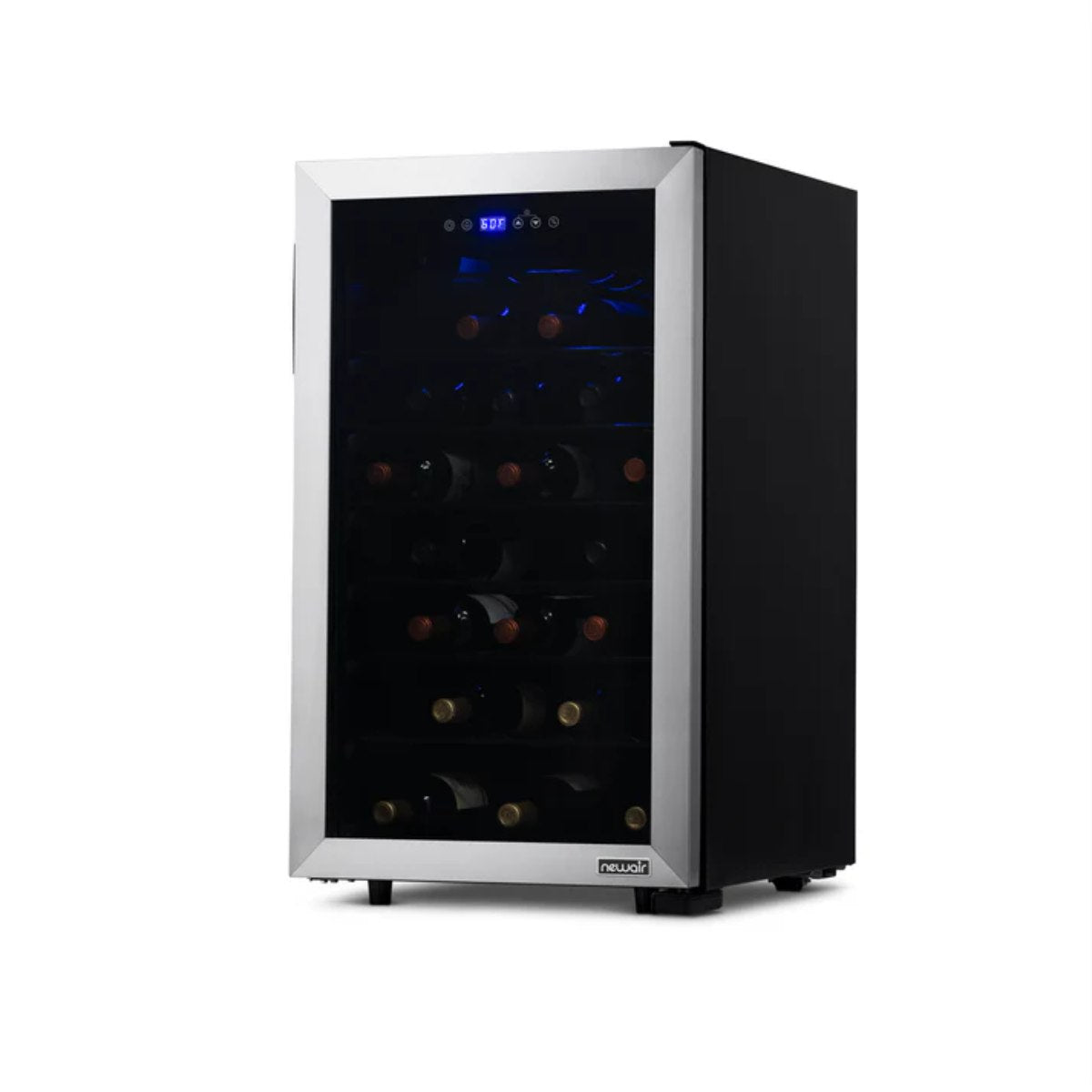Newair 50 Bottle Freestanding Wine Fridge – 18.9" Stainless Steel - Front Right View - Loaded Shelves - Closed Door
