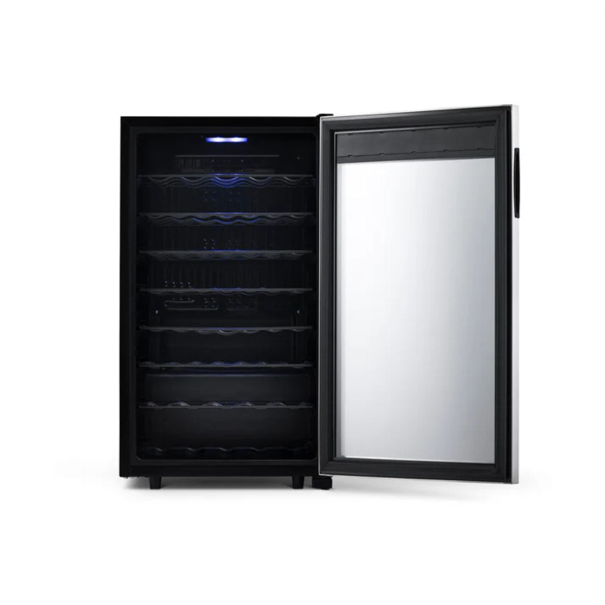 Newair 50 Bottle Freestanding Wine Fridge – 18.9" Stainless Steel - Front View - Empty Shelves - Open Door