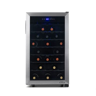 Newair 50 Bottle Freestanding Wine Fridge – 18.9" Stainless Steel - Front View - Loaded Shelves - Closed Door