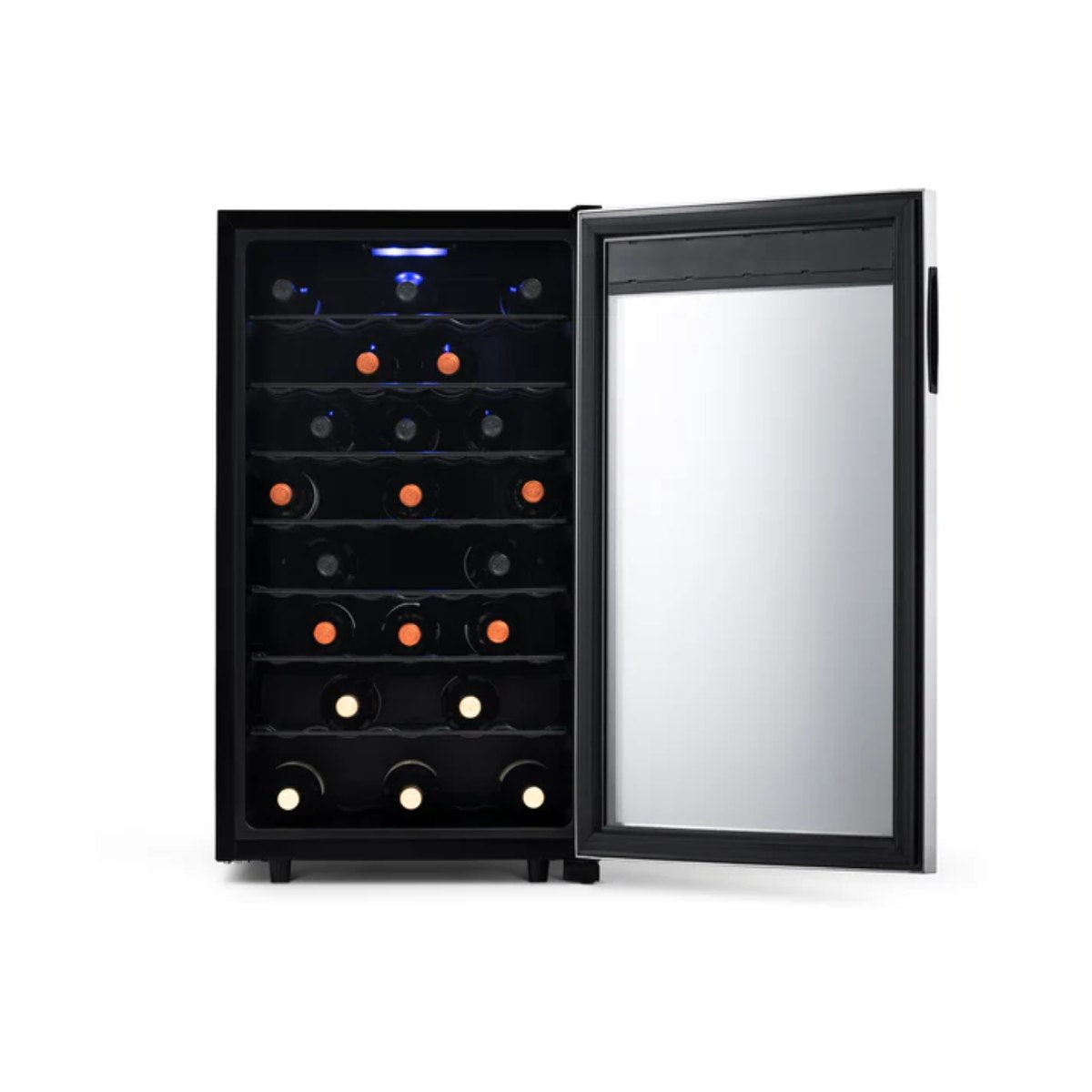 Newair 50 Bottle Freestanding Wine Fridge – 18.9" Stainless Steel - Front View - Loaded Shelves - Open Door
